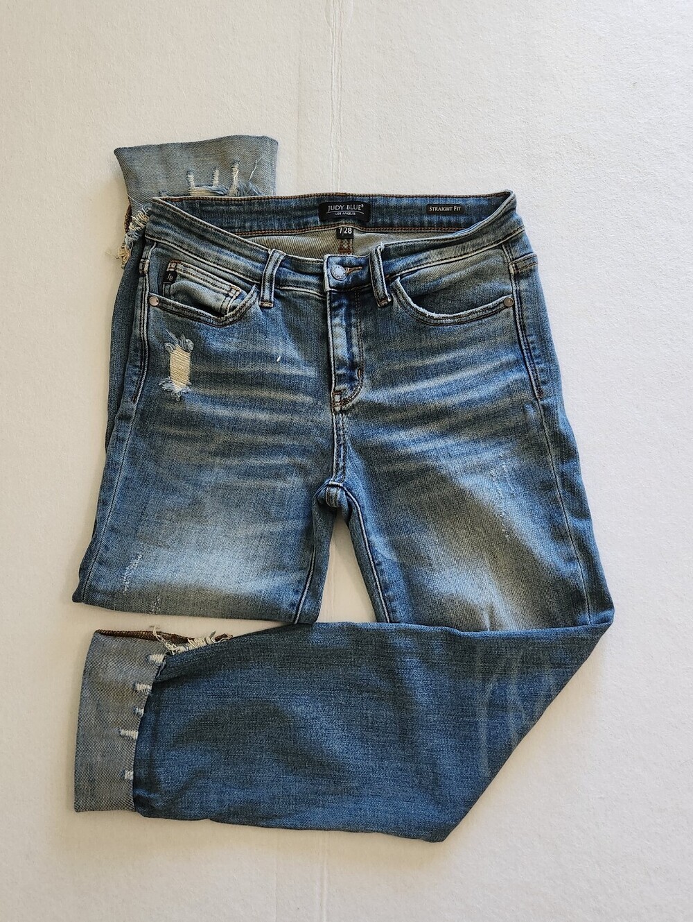 Judy Blue Straight Leg Cuffed Distressed Jeans in Medium Blue Wash Size 7
